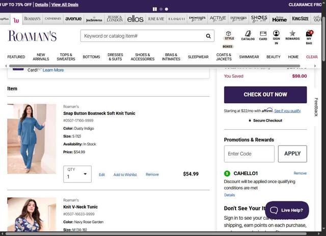 Roaman's checkout page showing Roaman's promo code box | Screenshot taken by SimplyCodes community member on Sep 10, 2025