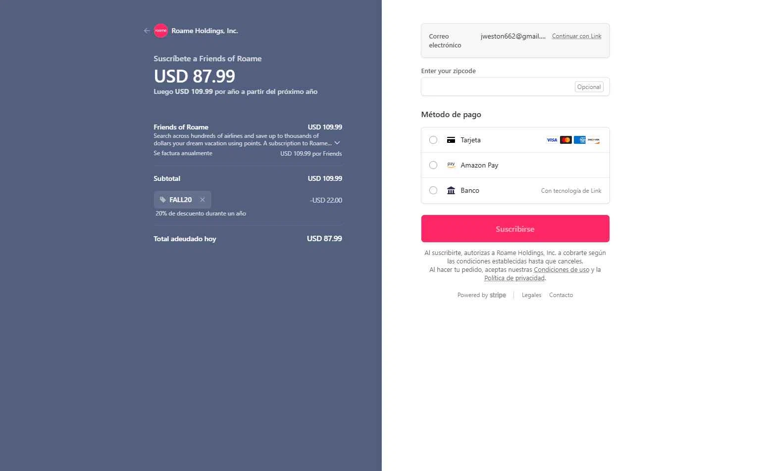 Roame.Travel checkout page showing Roame.Travel promo code box | Screenshot taken by SimplyCodes community member on Jan 15, 2026