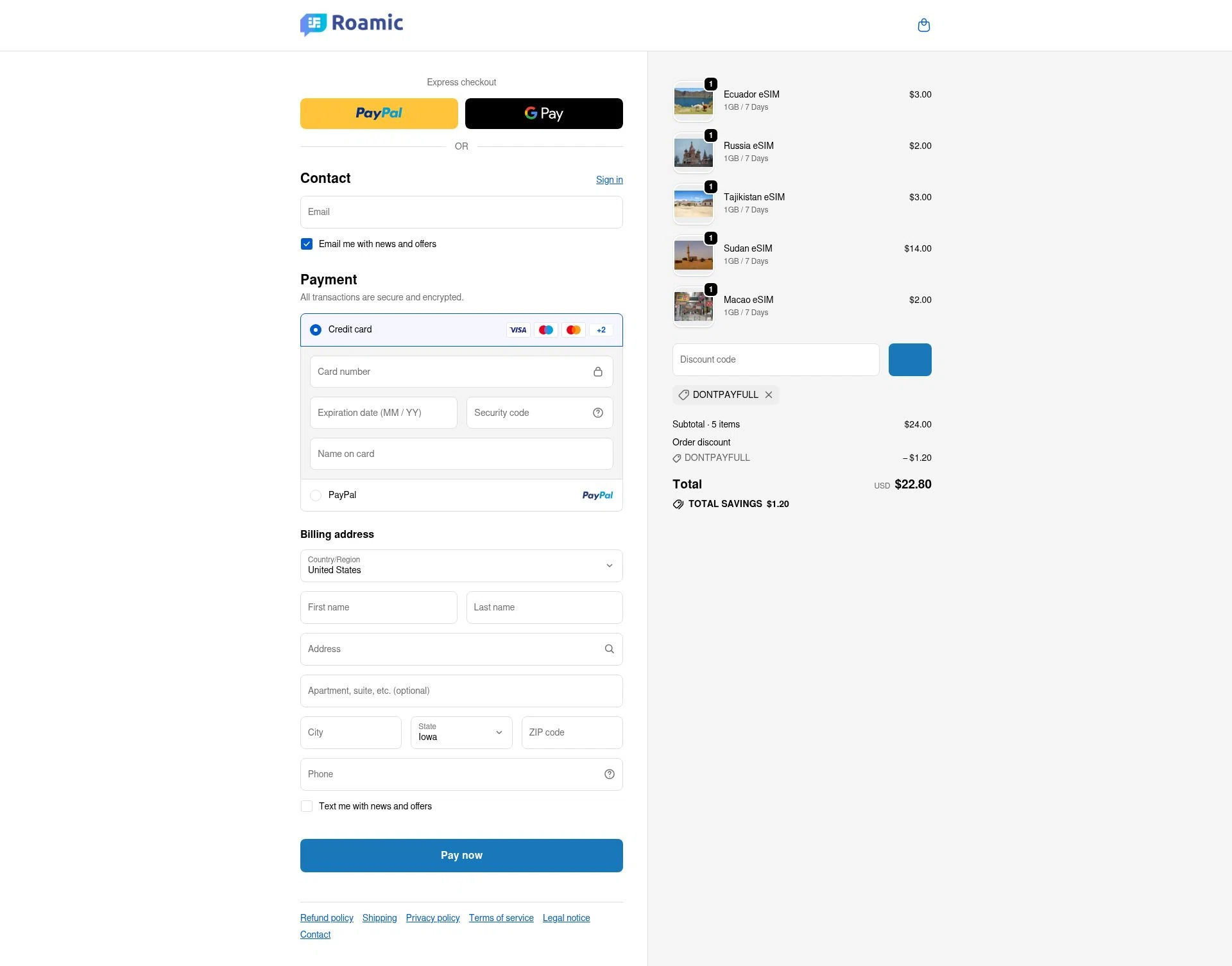 Roamic checkout page showing Roamic promo code box | Screenshot taken by SimplyCodes community member on Feb 5, 2026