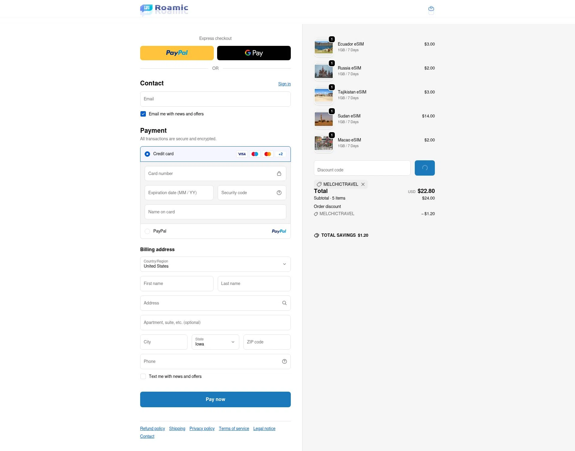Roamic checkout page showing Roamic promo code box | Screenshot taken by SimplyCodes community member on Feb 10, 2026