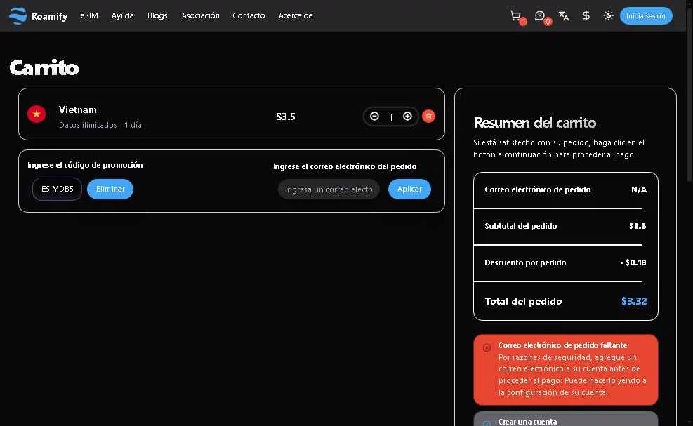Roamify checkout page showing Roamify promo code box | Screenshot taken by SimplyCodes community member on Dec 2, 2025