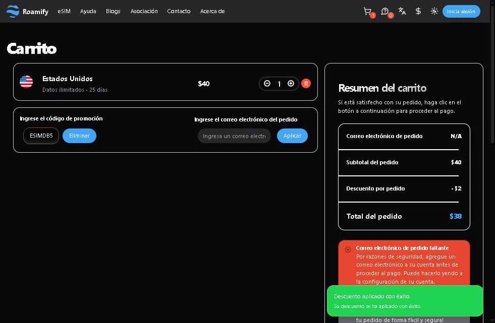 Roamify checkout page showing Roamify promo code box | Screenshot taken by SimplyCodes community member on Sep 5, 2025