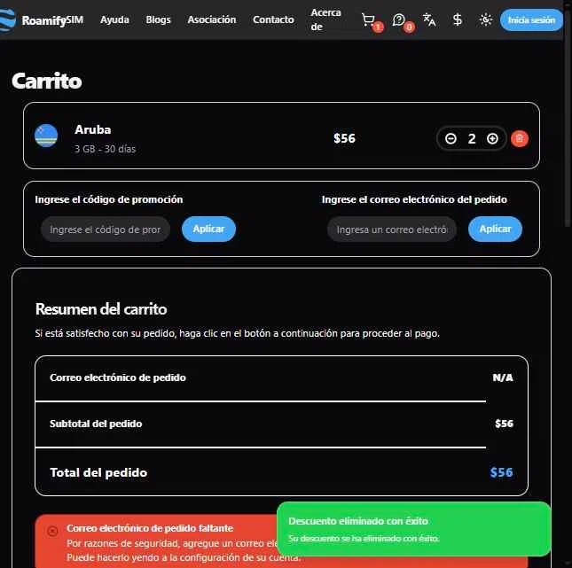 Roamify checkout page showing Roamify promo code box | Screenshot taken by SimplyCodes community member on Sep 15, 2025