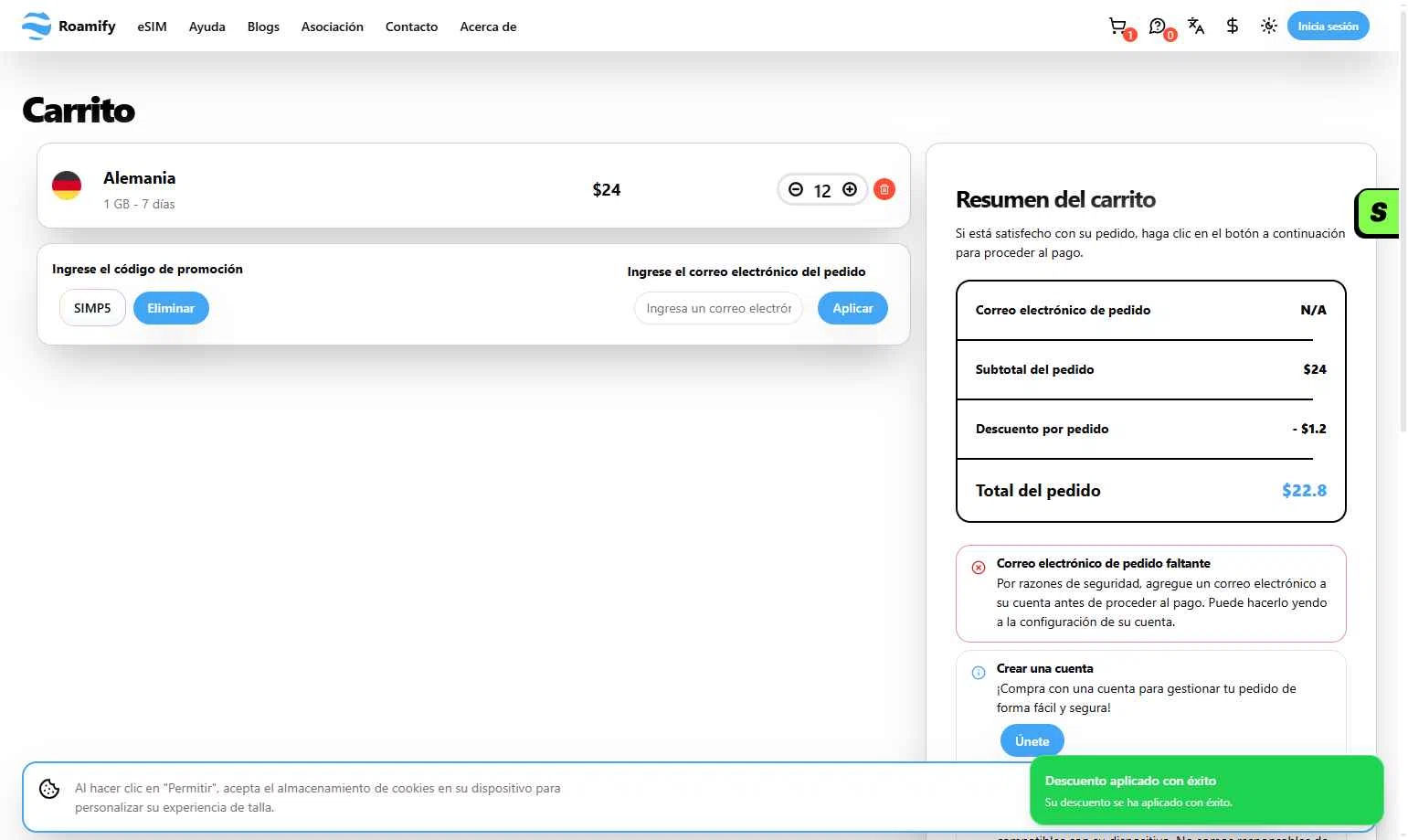 Roamify checkout page showing Roamify promo code box | Screenshot taken by SimplyCodes community member on Aug 26, 2025