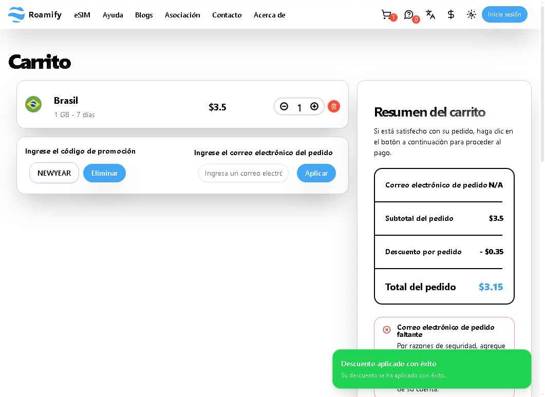 Roamify checkout page showing Roamify promo code box | Screenshot taken by SimplyCodes community member on Aug 26, 2025