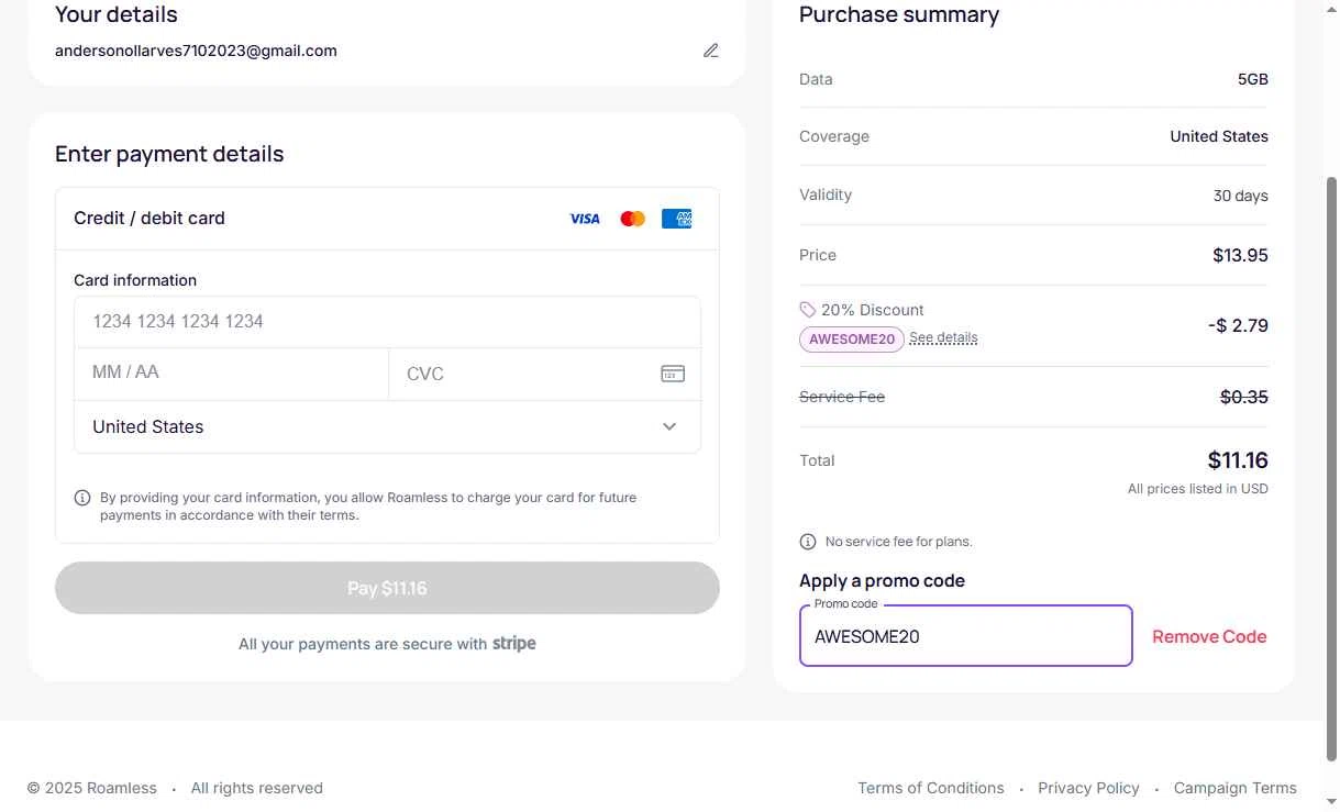 Roamless checkout page showing Roamless promo code box | Screenshot taken by SimplyCodes community member on Nov 15, 2025