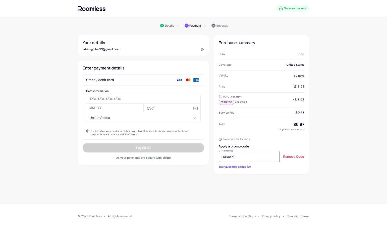 Roamless checkout page showing Roamless promo code box | Screenshot taken by SimplyCodes community member on Dec 26, 2025