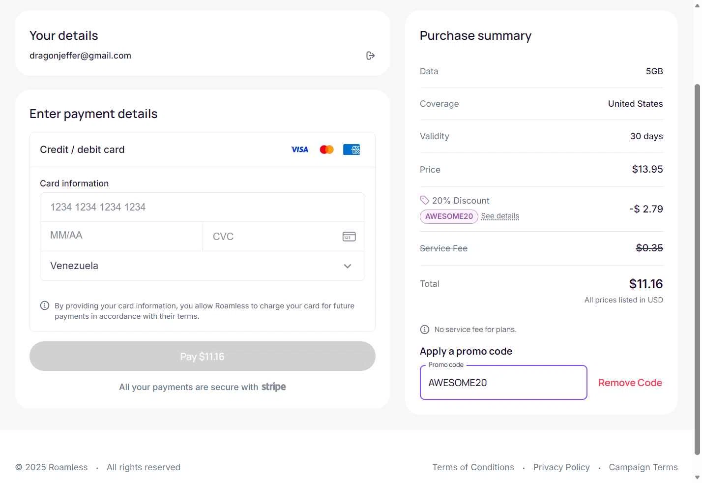 Roamless checkout page showing Roamless promo code box | Screenshot taken by SimplyCodes community member on Nov 24, 2025
