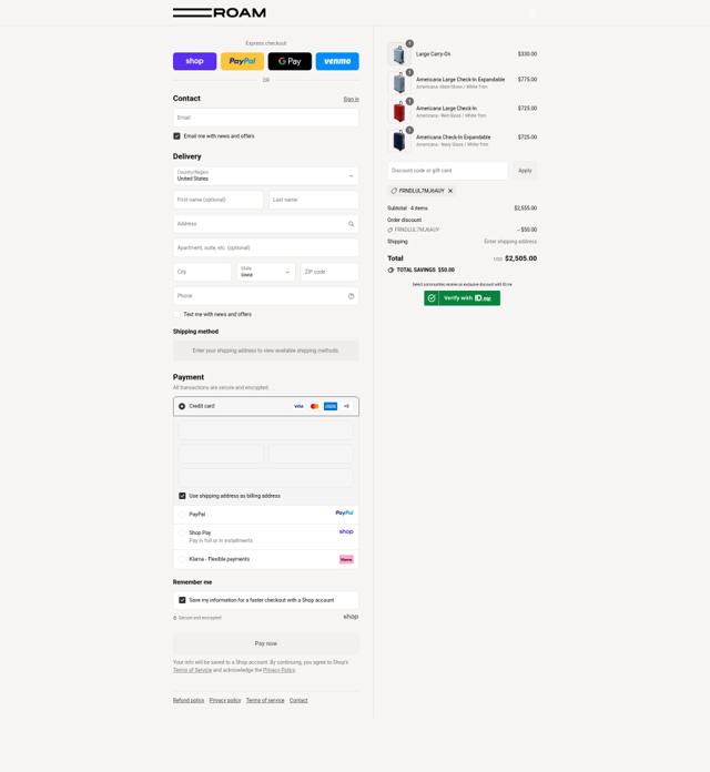 ROAM Luggage checkout page showing ROAM Luggage discount code box | Screenshot taken by SimplyCodes community member on Sep 14, 2025