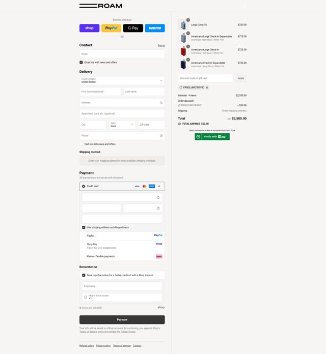 ROAM Luggage checkout page showing ROAM Luggage discount code box | Screenshot taken by SimplyCodes community member on Sep 14, 2025