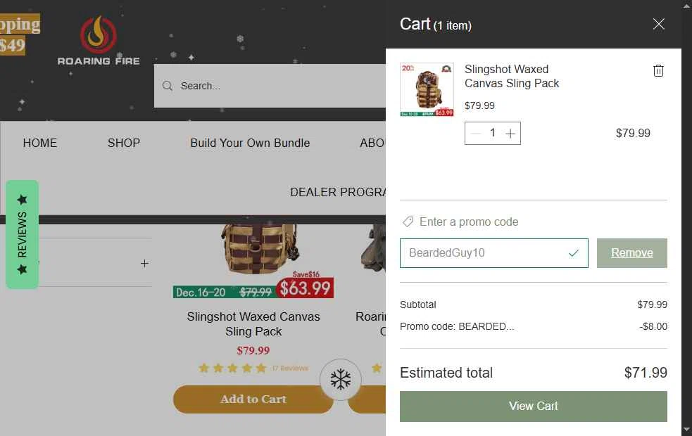 Roaring Fire Gear checkout page showing Roaring Fire Gear promo code box | Screenshot taken by SimplyCodes community member on Dec 12, 2025
