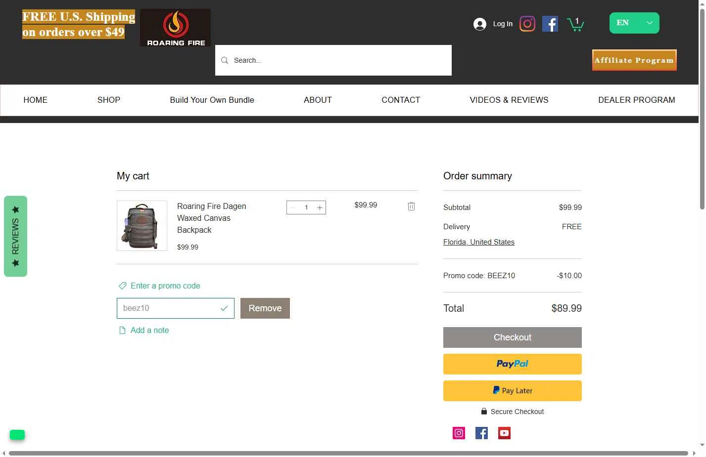 Roaring Fire Gear checkout page showing Roaring Fire Gear promo code box | Screenshot taken by SimplyCodes community member on Sep 30, 2025