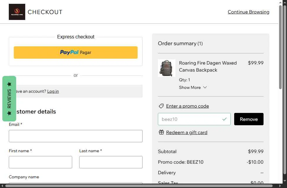 Roaring Fire Gear checkout page showing Roaring Fire Gear promo code box | Screenshot taken by SimplyCodes community member on Oct 29, 2025