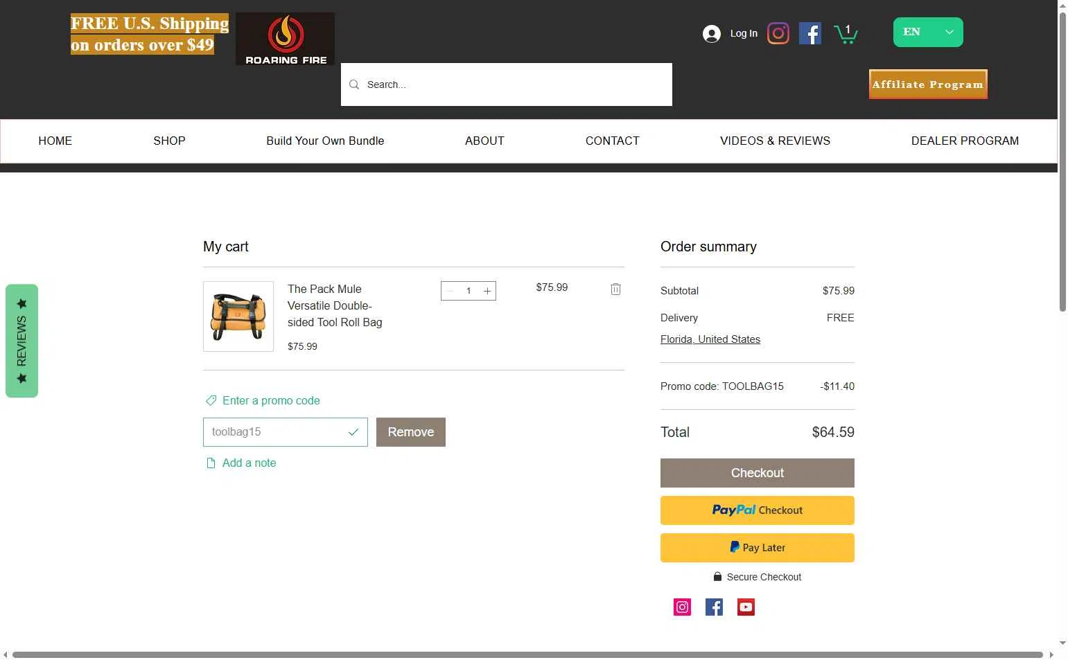 Roaring Fire Gear checkout page showing Roaring Fire Gear promo code box | Screenshot taken by SimplyCodes community member on Oct 3, 2025