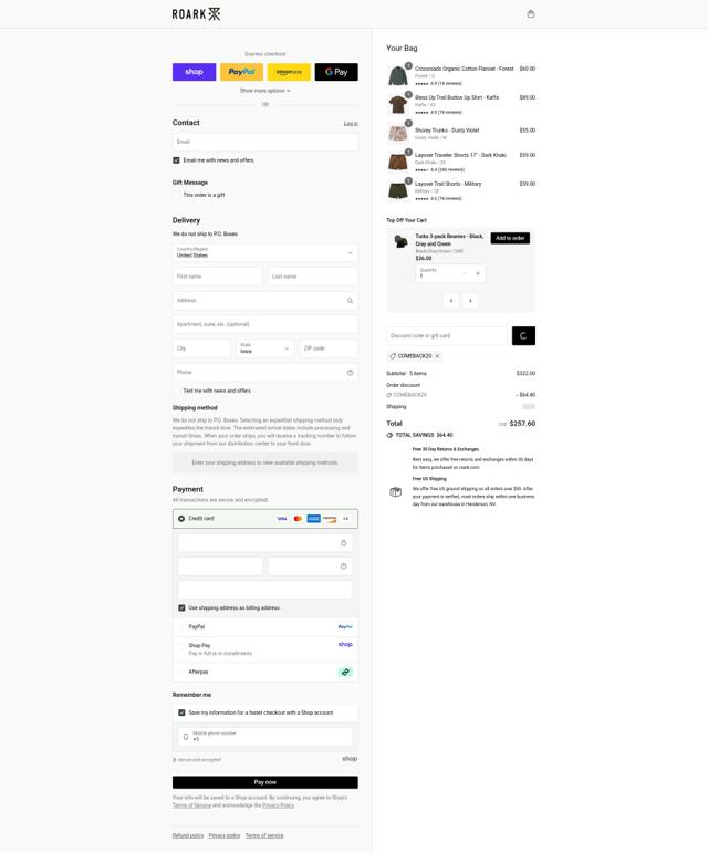 Roark checkout page showing Roark discount code box | Screenshot taken by SimplyCodes community member on Sep 5, 2025