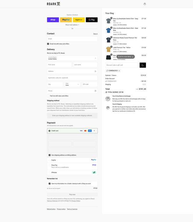 Roark checkout page showing Roark discount code box | Screenshot taken by SimplyCodes community member on Sep 9, 2025