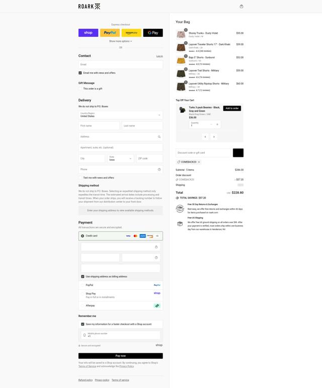 Roark checkout page showing Roark discount code box | Screenshot taken by SimplyCodes community member on Sep 1, 2025