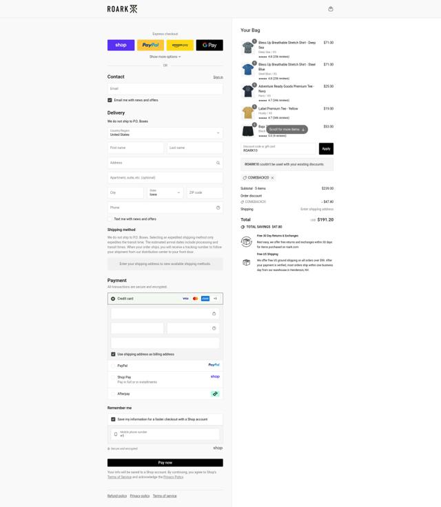 Roark checkout page showing Roark discount code box | Screenshot taken by SimplyCodes community member on Sep 9, 2025