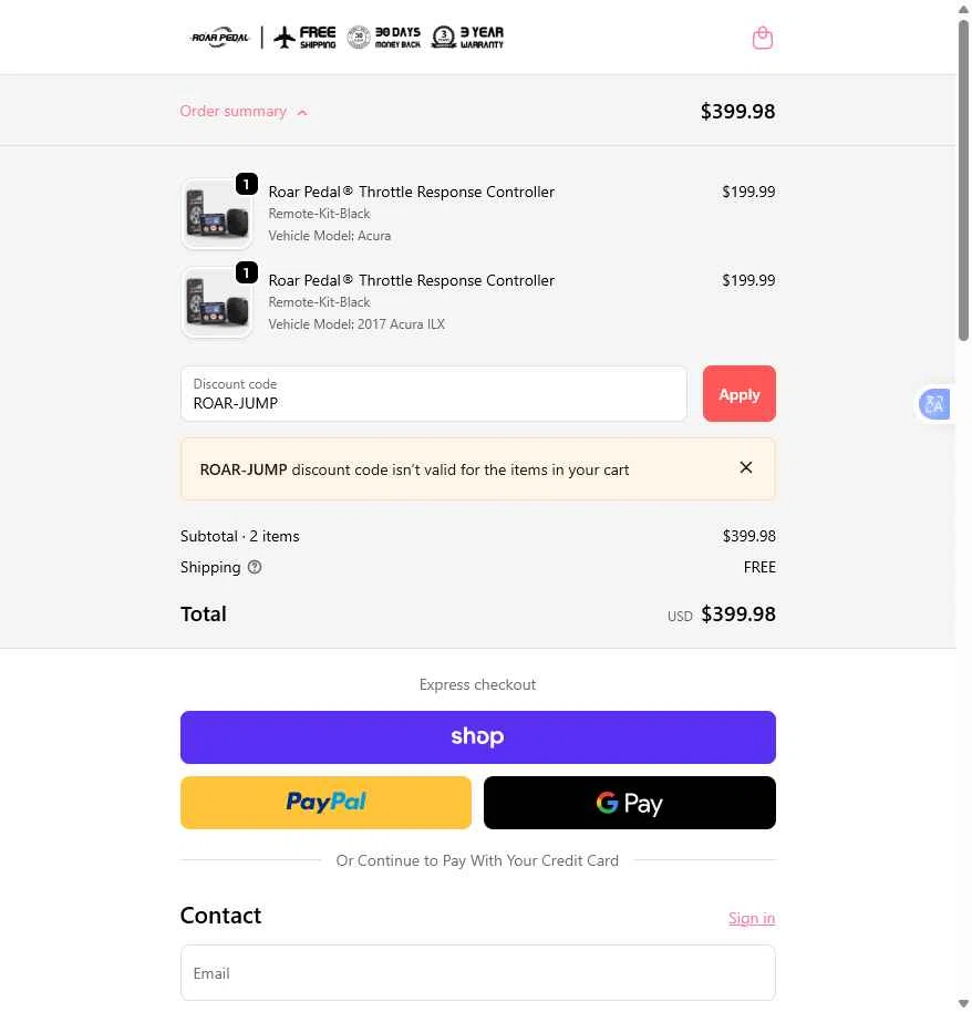 Roar Pedal checkout page showing Roar Pedal discount code box | Screenshot taken by SimplyCodes community member on Dec 10, 2025