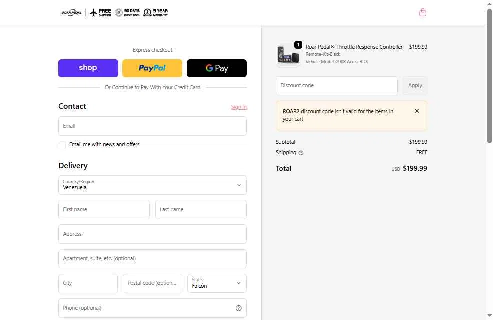 Roar Pedal checkout page showing Roar Pedal discount code box | Screenshot taken by SimplyCodes community member on Dec 26, 2025
