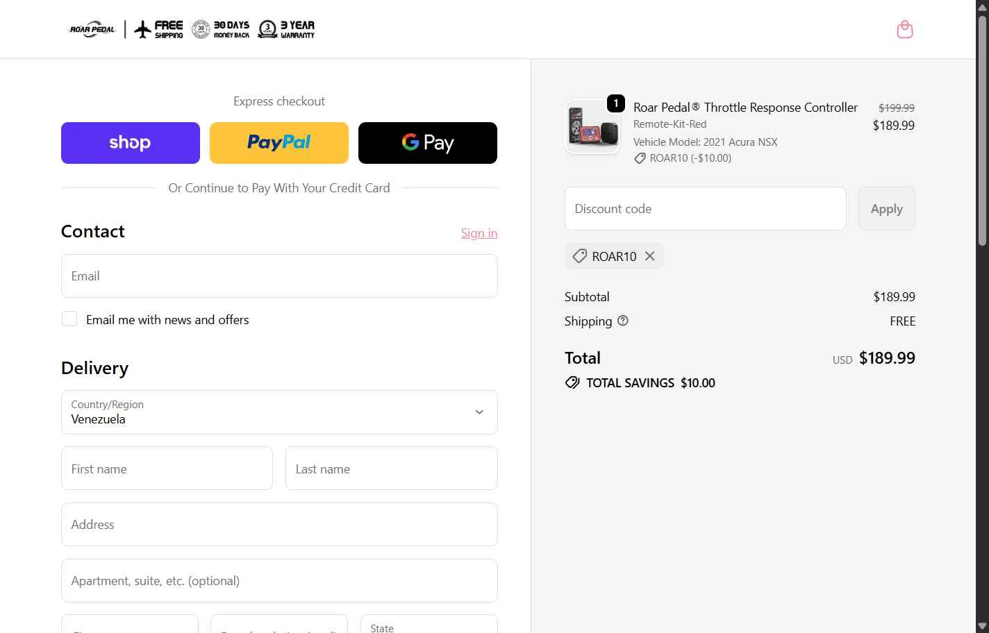 Roar Pedal checkout page showing Roar Pedal discount code box | Screenshot taken by SimplyCodes community member on Oct 7, 2025