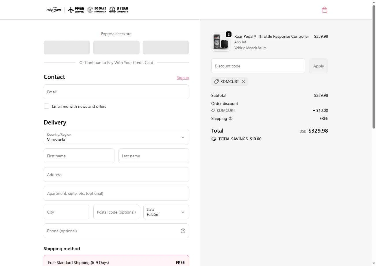 Roar Pedal checkout page showing Roar Pedal discount code box | Screenshot taken by SimplyCodes community member on Oct 7, 2025