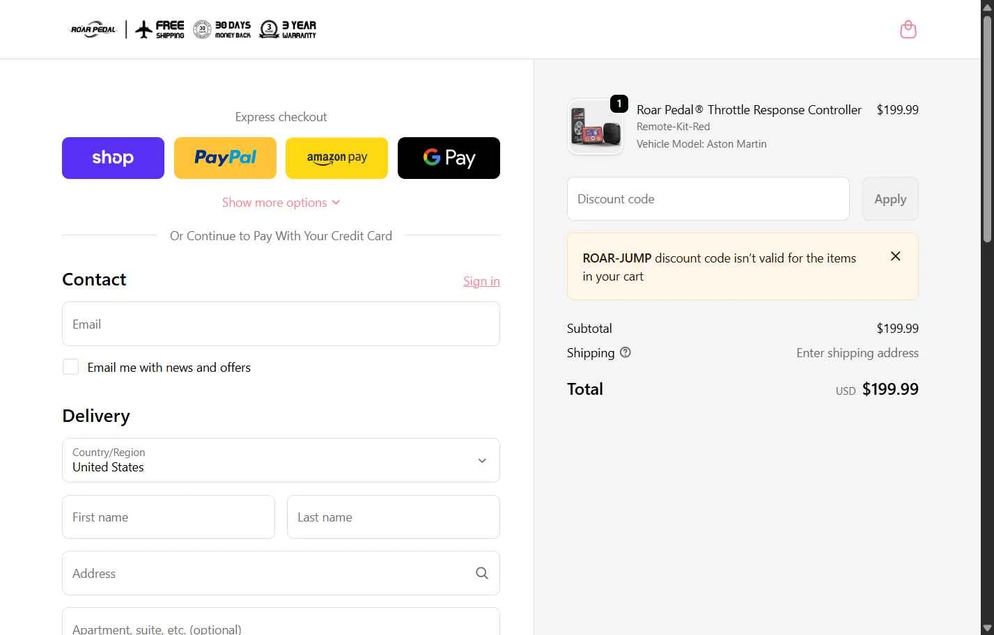 Roar Pedal checkout page showing Roar Pedal discount code box | Screenshot taken by SimplyCodes community member on Jan 8, 2026
