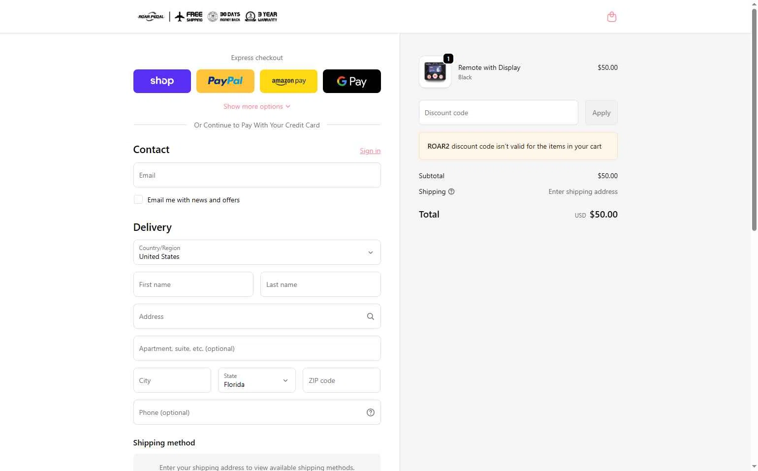 Roar Pedal checkout page showing Roar Pedal discount code box | Screenshot taken by SimplyCodes community member on Sep 29, 2025