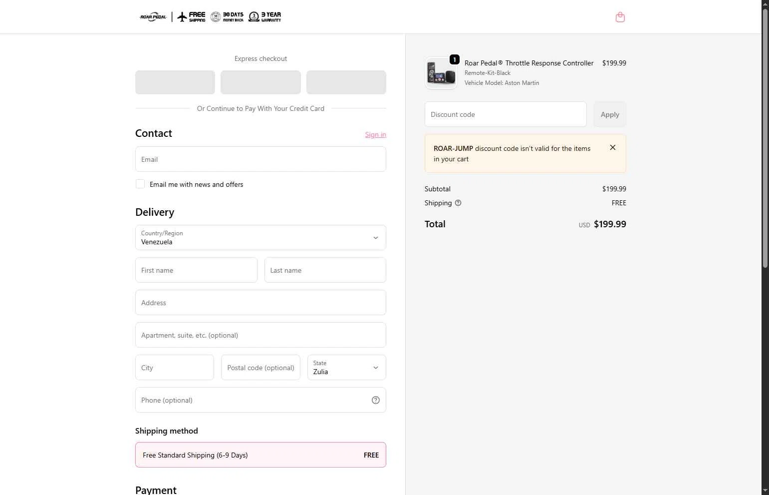 Roar Pedal checkout page showing Roar Pedal discount code box | Screenshot taken by SimplyCodes community member on Feb 6, 2026