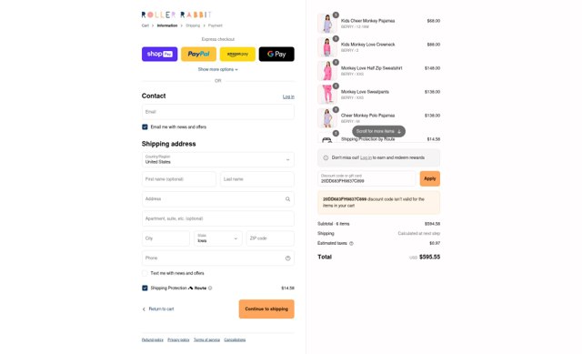 Roller Rabbit checkout page showing Roller Rabbit discount code box | Screenshot taken by SimplyCodes community member on Aug 24, 2025