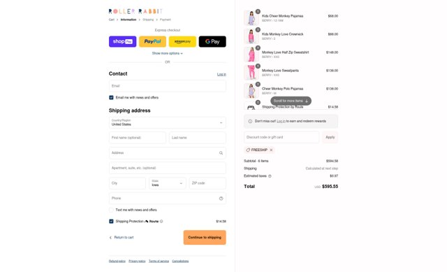 Roller Rabbit checkout page showing Roller Rabbit discount code box | Screenshot taken by SimplyCodes community member on Aug 24, 2025