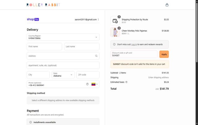 Roller Rabbit checkout page showing Roller Rabbit discount code box | Screenshot taken by SimplyCodes community member on Aug 27, 2025