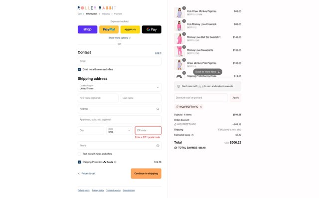 Roller Rabbit checkout page showing Roller Rabbit discount code box | Screenshot taken by SimplyCodes community member on Aug 28, 2025