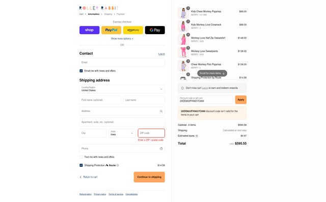 Roller Rabbit checkout page showing Roller Rabbit discount code box | Screenshot taken by SimplyCodes community member on Aug 28, 2025