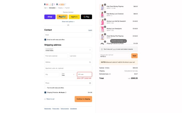 Roller Rabbit checkout page showing Roller Rabbit discount code box | Screenshot taken by SimplyCodes community member on Aug 28, 2025