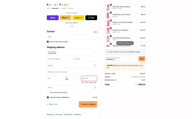 Roller Rabbit checkout page showing Roller Rabbit discount code box | Screenshot taken by SimplyCodes community member on Aug 28, 2025