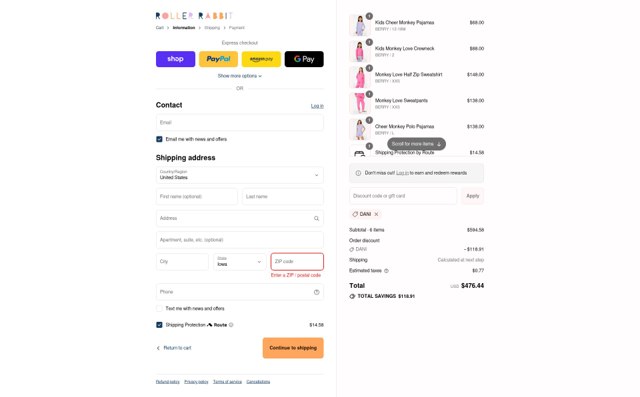Roller Rabbit checkout page showing Roller Rabbit discount code box | Screenshot taken by SimplyCodes community member on Aug 28, 2025