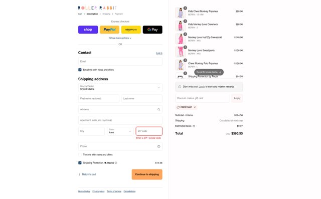 Roller Rabbit checkout page showing Roller Rabbit discount code box | Screenshot taken by SimplyCodes community member on Aug 28, 2025