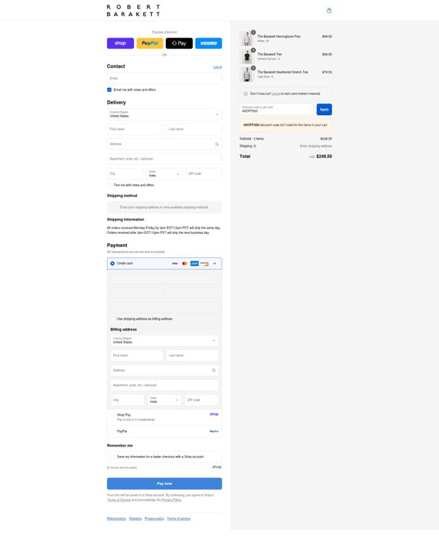 Robert Barakett checkout page showing Robert Barakett discount code box | Screenshot taken by SimplyCodes community member on Sep 4, 2025
