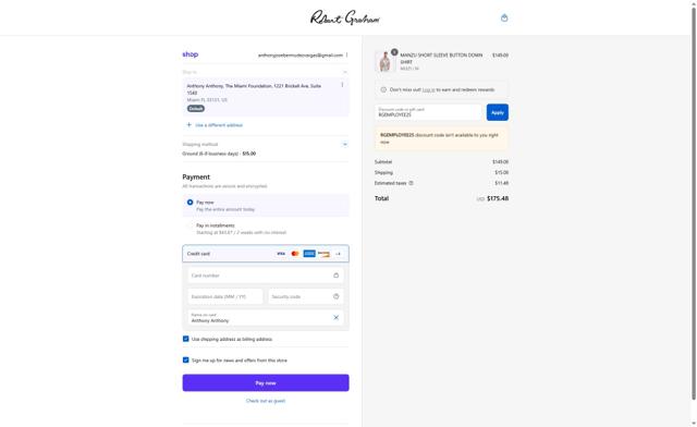 Robert Graham checkout page showing Robert Graham discount code box | Screenshot taken by SimplyCodes community member on Aug 30, 2025