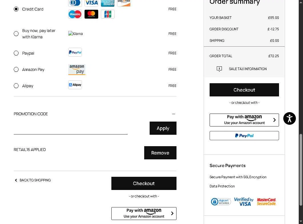 Roberto Cavalli UK checkout page showing Roberto Cavalli UK promo code box | Screenshot taken by SimplyCodes community member on Oct 21, 2025