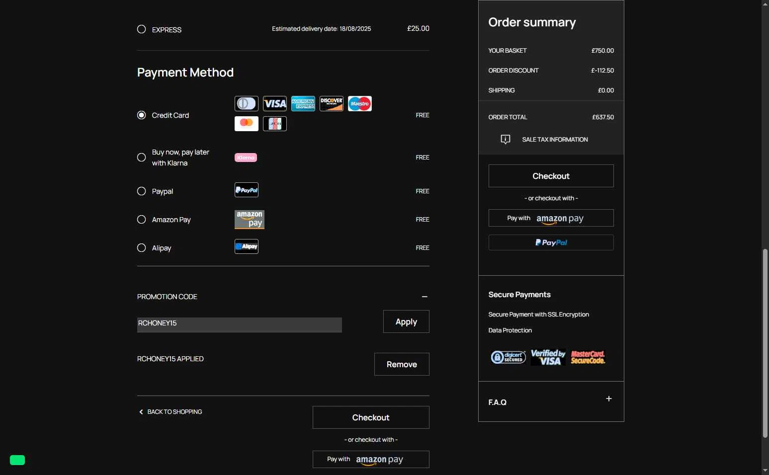 Roberto Cavalli UK checkout page showing Roberto Cavalli UK promo code box | Screenshot taken by SimplyCodes community member on Aug 15, 2025