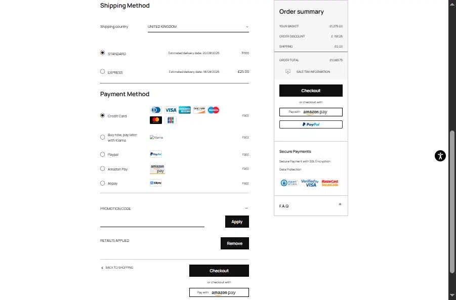 Roberto Cavalli UK checkout page showing Roberto Cavalli UK promo code box | Screenshot taken by SimplyCodes community member on Aug 15, 2025