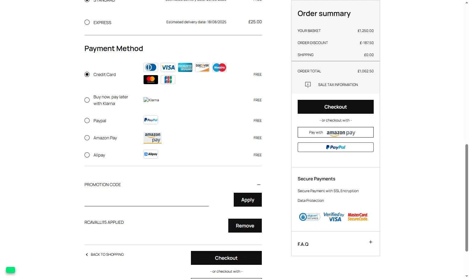 Roberto Cavalli UK checkout page showing Roberto Cavalli UK promo code box | Screenshot taken by SimplyCodes community member on Aug 15, 2025
