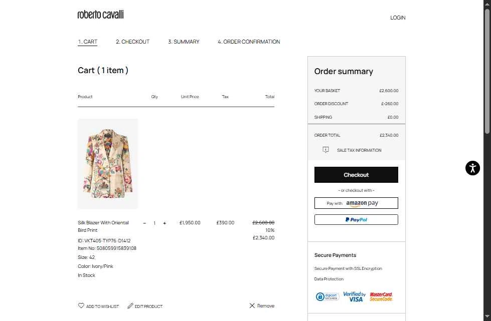 Roberto Cavalli UK checkout page showing Roberto Cavalli UK promo code box | Screenshot taken by SimplyCodes community member on Aug 15, 2025