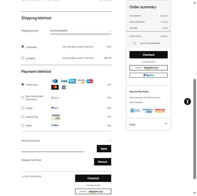 Roberto Cavalli UK checkout page showing Roberto Cavalli UK promo code box | Screenshot taken by SimplyCodes community member on Aug 1, 2025