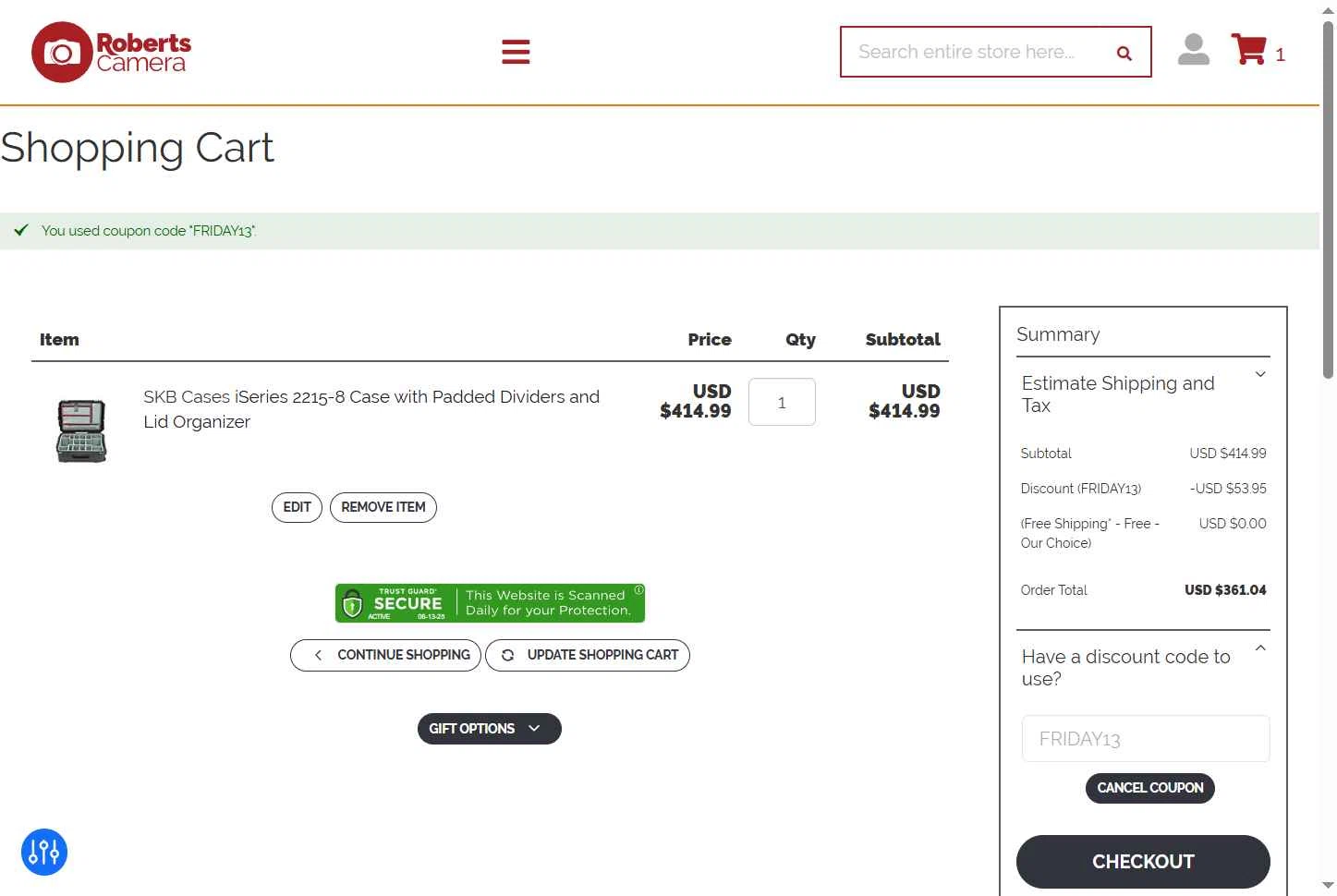 Roberts Camera checkout page showing Roberts Camera coupon code box | Screenshot taken by SimplyCodes community member on Jun 13, 2025