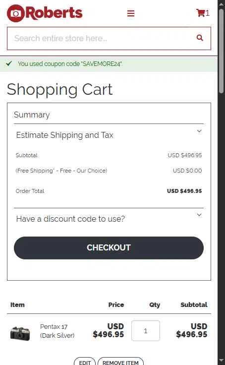 Roberts Camera checkout page showing Roberts Camera coupon code box | Screenshot taken by SimplyCodes community member on Aug 22, 2025