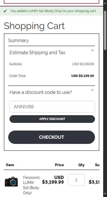 Roberts Camera checkout page showing Roberts Camera coupon code box | Screenshot taken by SimplyCodes community member on Sep 18, 2025