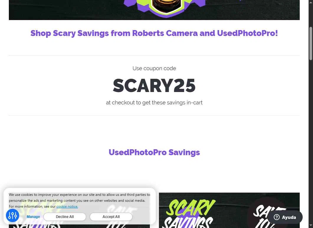 Roberts Camera checkout page showing Roberts Camera coupon code box | Screenshot taken by SimplyCodes community member on Oct 31, 2025